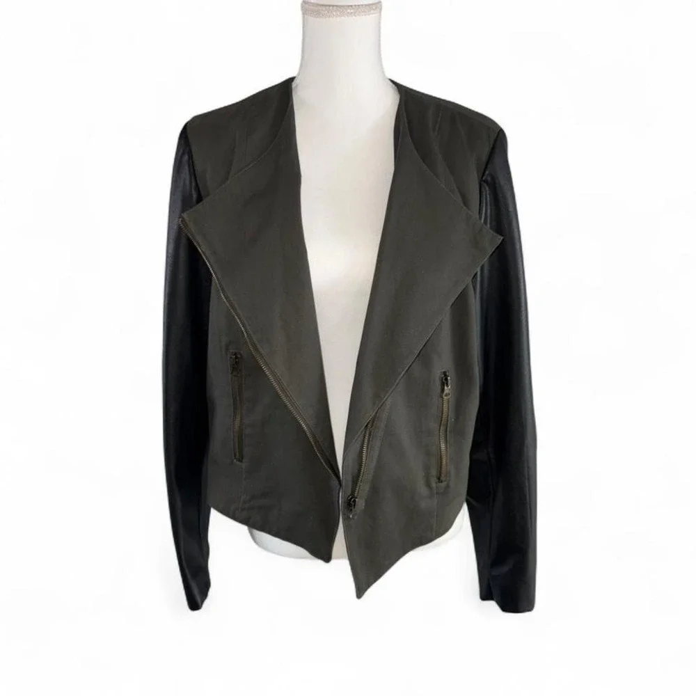 Olive Green w/Black Faux Leather Sleeves Y2K Biker Style Jacket‎ Ladies 18/20